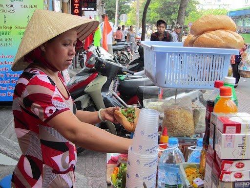 The best baguette ever! Filled with meat, cheese, mayo, chili sauce and topped with lots of fresh flavorful cilatro.